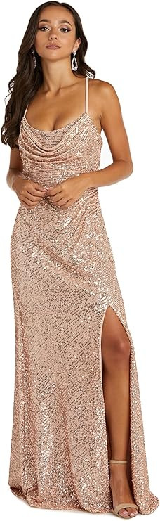 Nightway Juniors' Long Sequin Cowl Neck Gown W/Cross-Back Spaghetti Straps & Side Slit - Prom Coc... | Amazon (US)