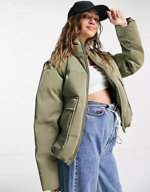 Topshop sheen puffer jacket with removeable sleeves in khaki | ASOS | ASOS (Global)