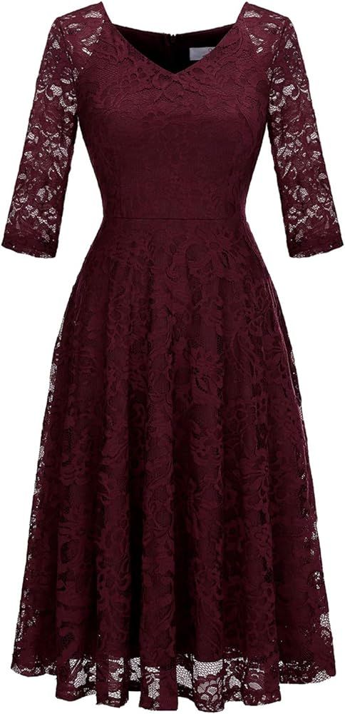 Dressystar Long-Sleeve A-Line Lace Bridesmaid Dress Midi for Wedding Formal Party | Amazon (US)