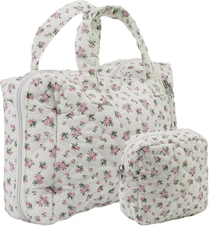 Cute Makeup Bag for Women(2 Pcs), Travel Cosmetic Bags, Quilted Coquette Aesthetic Floral Toiletr... | Amazon (US)