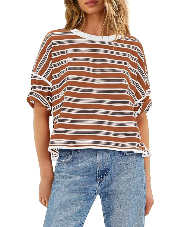 Panadila Womens Striped Shirt Short Sleeve Tops Summer Casual Oversized Tshirts Crew Neck Boxy Te... | Amazon (US)