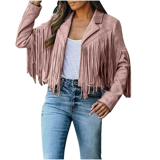 Black Friday deals Lyinloo Fringe Coat For Women Faux Suede Leather Cowboy Style Coat Long Sleeve... | Walmart (US)