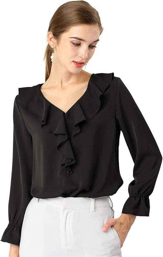 Allegra K Women's Peasant Top Office Work Chiffon Ruffle Neck Vintage Blouse | Amazon (US)