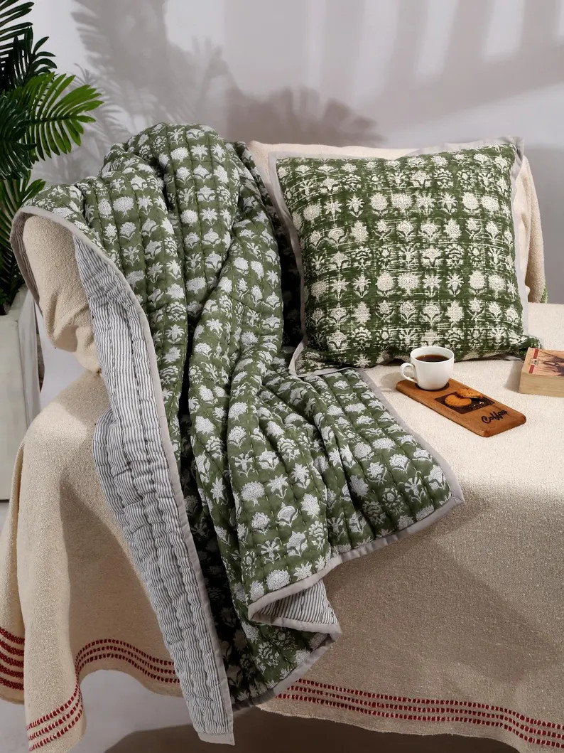 Hand Block Printed Cotton Throw Blanket \u2013 Indian Kantha Quilt, Boho Couch & Bed Throw | Etsy (Global)