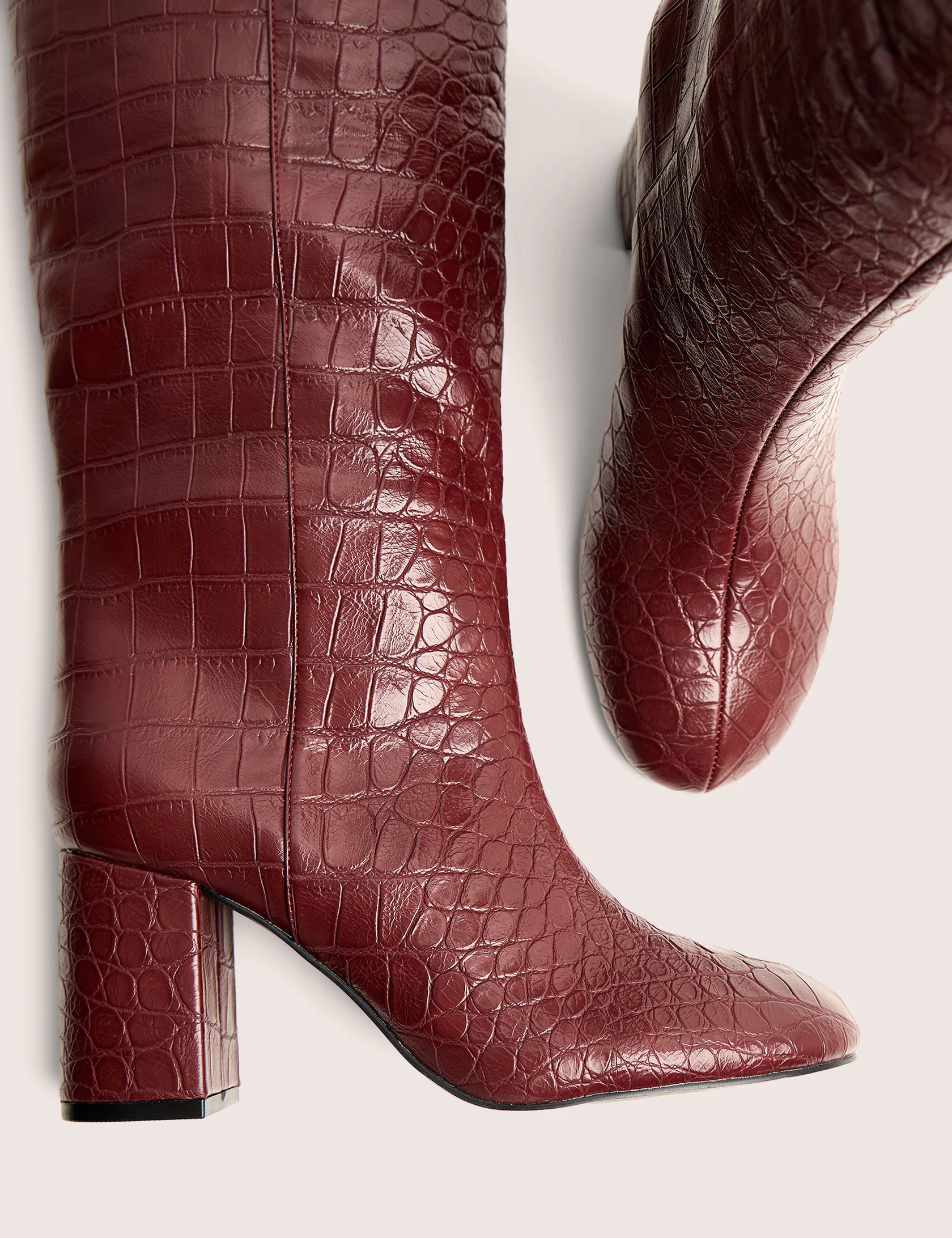 Maison Burgundy Croc Pu Knee High Block Heeled Boots | Public Desire