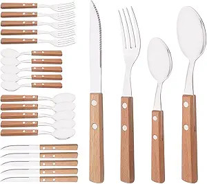 Silver Flatware Set with Natural Wood Handle, 24 PCS Silverware Set for 6, Premium 18/8 (304) Sta... | Amazon (US)
