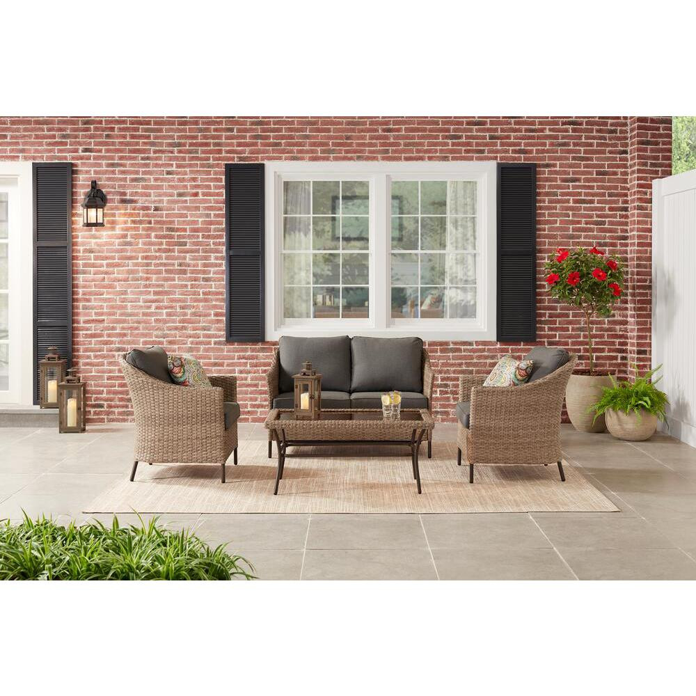 StyleWell Kendall Cove 4-Piece Steel Patio Conversation Outdoor Seating Set with Charcoal Cushions | The Home Depot