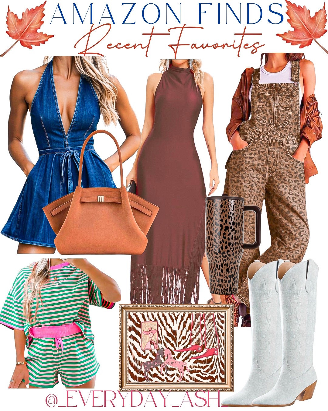 Amazon // recent favorites 🤎✨

Denim dress, brown dress, leopard overalls, purse, artwork, western boots, two piece set, travel coffee mug, amazon fashion