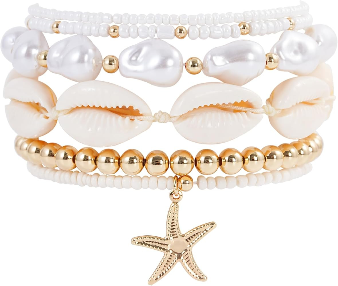 Shell Bracelet Seashell Boho Beaded Stretch Bracelets for Women Summer Beach Bracelets Starfish C... | Amazon (US)