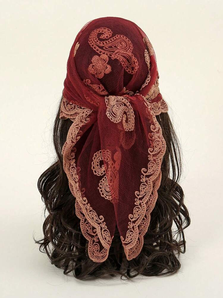 1pc Women's Lightweight Lace-Trimmed Solid Cashew Embroidered Square Scarf, Breathable, Versatile, Fashion Headscarf For Spring And Autumn | SHEIN