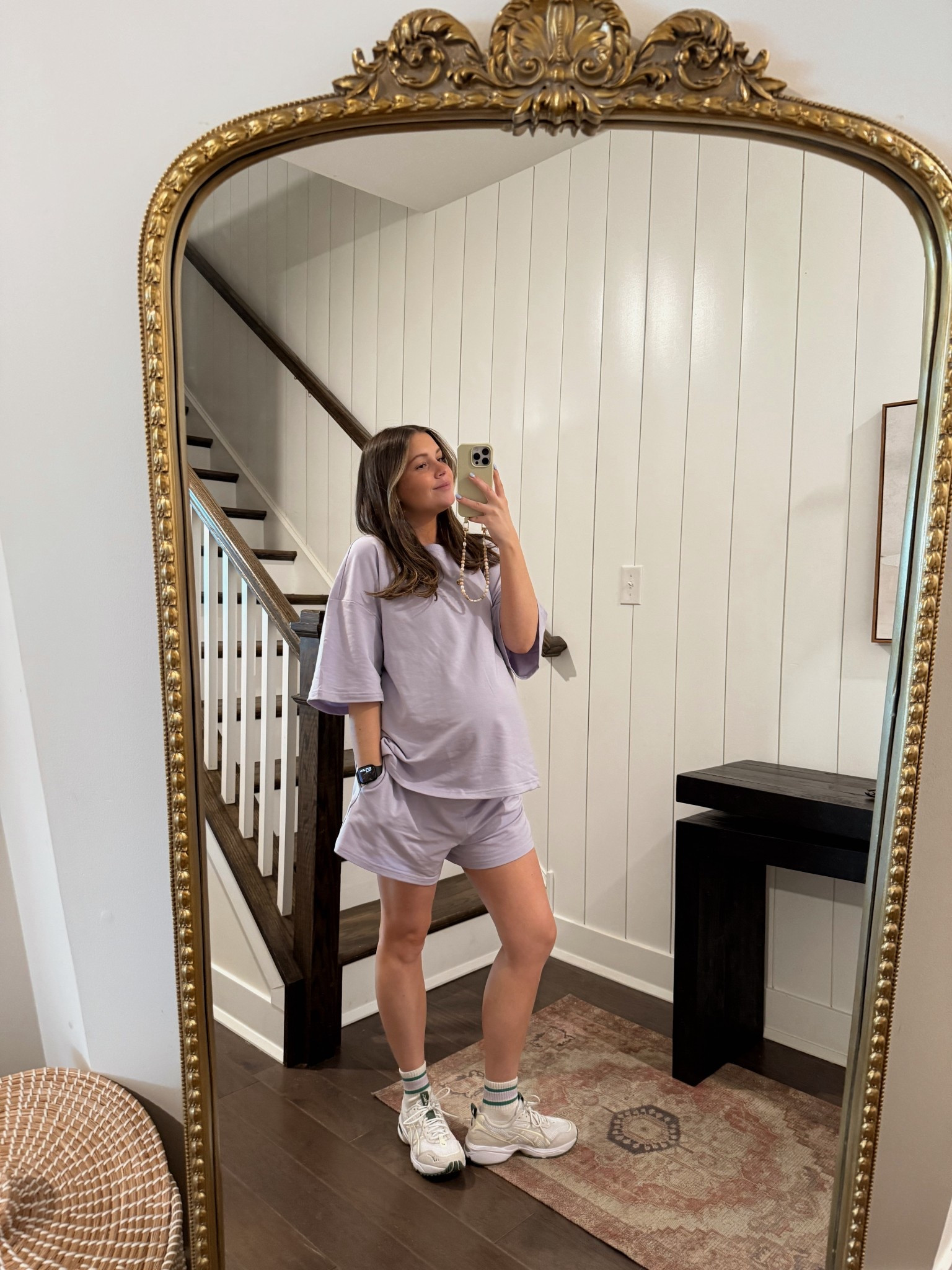 Wearing a large in the set! I have it in 4 colors but this purple is my fav! Shoes I got my normal size 7! Size up if you’re in between sizes! Socks are old from old navy but I found some similar with the same colors! 