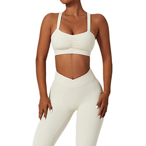 ABOCIW Workout Sets for Women Buttery Soft Cross Waist High Waist Leggings Twisted Multis Strap Sport Bra 2 Piece Yoga Outfits Matching Gym Sets #2 Cream Large | Amazon (US)