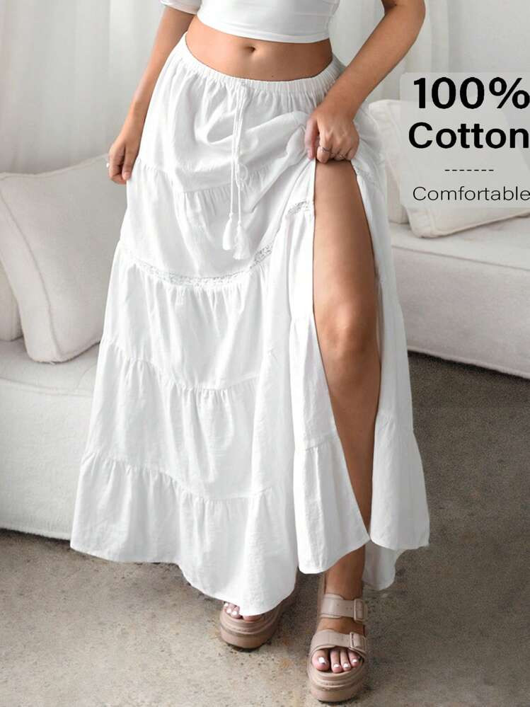 Auralis Plus Size 2025 Boho Beach Skirt For Women High-Slit Linen-Blend Tiered Maxi Skirt With Elastic Waist & Lace Trim, Music Festival Essentials & Vacation Valentine's Day | SHEIN