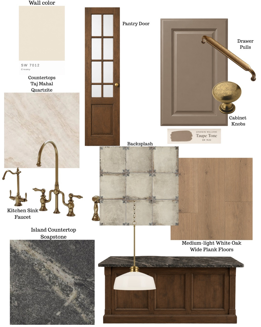 A kitchen can feel completely different without changing its entire footprint, and this design board is a good example of where I’d put the investment to make that happen.

I started with a pretty standard builder-grade honey oak kitchen and built a warmer, more timeless palette around it. Instead of replacing all of the cabinets, I kept the existing cabinetry and added a second row above it, finishing everything with crown molding to create the illusion of custom cabinetry that extends all the way to the ceiling. Painting it all in a warm taupe gives the cabinetry a completely different presence without starting over.

I also removed the microwave and cabinets over the stove and replaced them with a customized vent hood to bring some architectural character into that wall. 

The existing island gets additional trim work before being stained a deeper wood tone, making it feel more like a substantial piece of furniture than a standard builder-grade island. 

And I love the idea of replacing the basic pantry door with that warm wood-and-glass version—it has a slightly vintage quality that makes the space feel so much more special.

Creamy Taj Mahal quartzite keeps the perimeter counters light, while the darker soapstone on the island breaks up all of those warm neutrals and gives the wood island a little more weight.

The patterned backsplash is subtle from a distance but adds exactly the kind of variation and age I’d want in a kitchen like this. 

Then medium-light white oak floors, aged brass hardware, a vintage-inspired faucet and classic pendant lighting keep the whole palette feeling layered rather than overly coordinated.

These are the kinds of details I look at together when I’m designing a room because no finish really exists on its own. The undertones, contrast, texture and materials all need to make sense next to one another before you ever start ordering anything.

I linked the pieces from this kitchen design board along with similar options below so you can shop the look for your own kitchen.