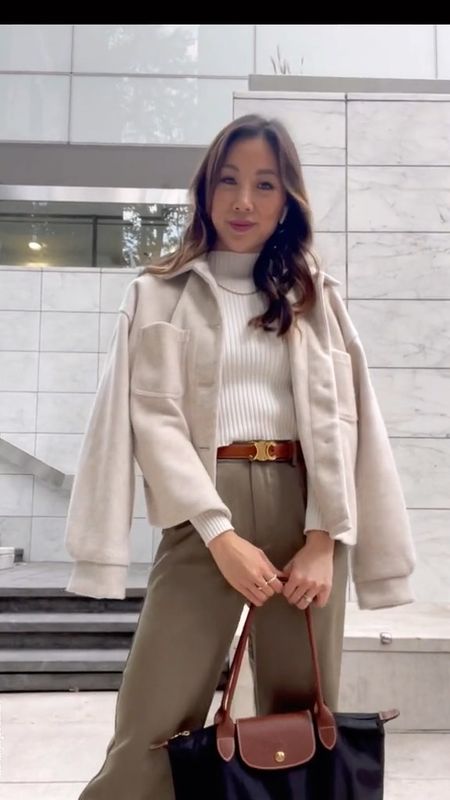 Casual workwear look with khaki trousers and cropped Shacket with my Céline Triomphe belt and Longchamp le Pliage tote for a laid back office outfit. 

#LTKSeasonal #LTKstyletip #LTKworkwear