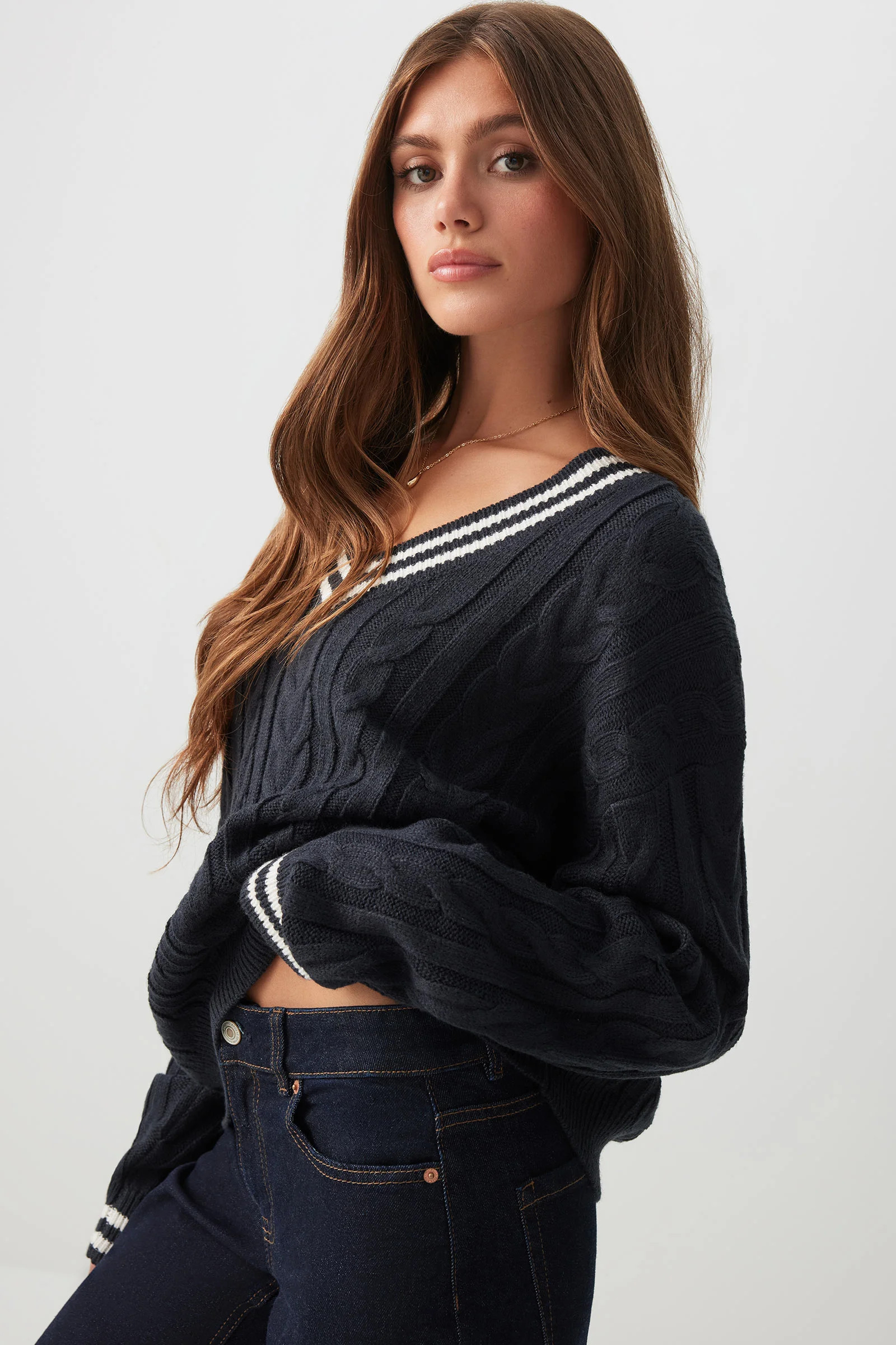 Cable Knit V-Neck Sweater | Ardene