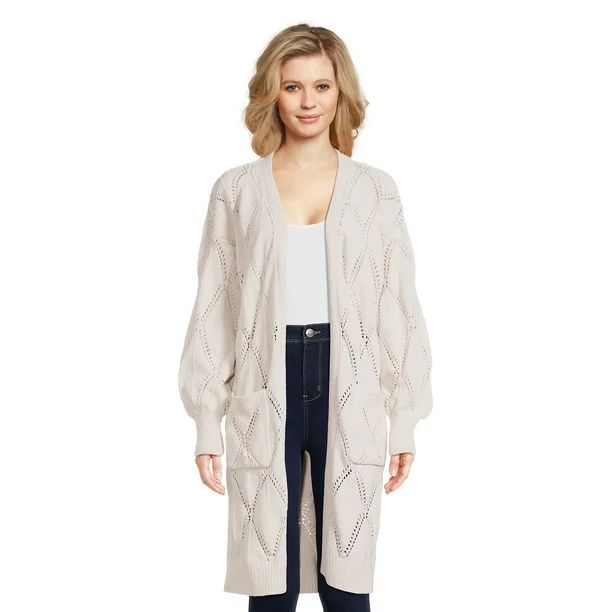 No Boundaries Juniors’ Pointelle Duster Cardigan Sweater, Midweight, Sizes XS-XXXL | Walmart (US)