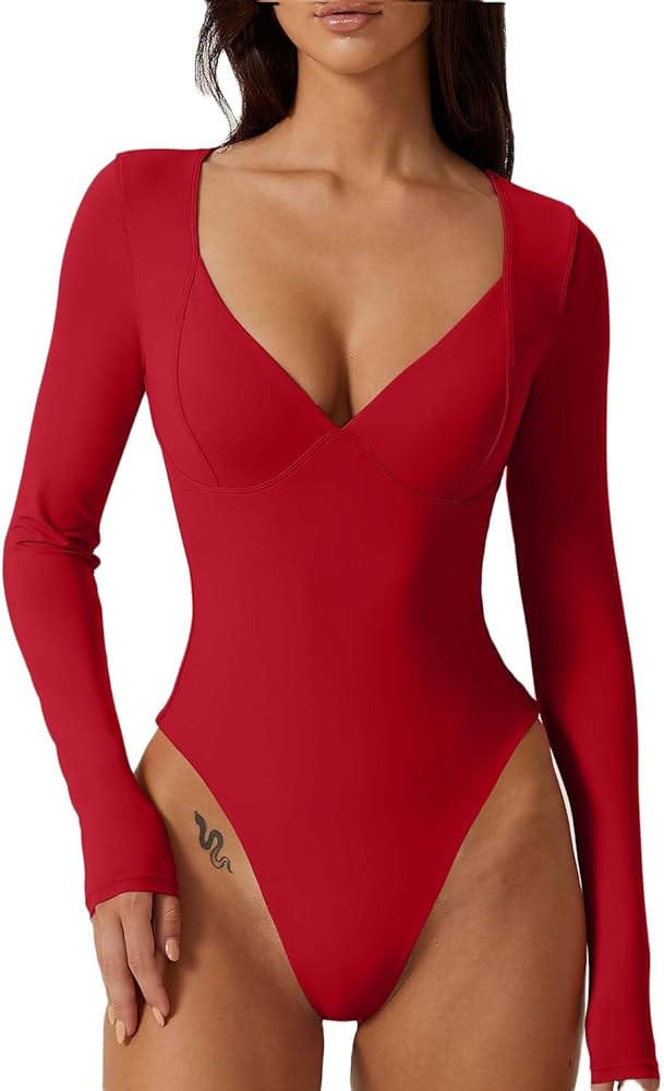 QINSEN Women's Long Sleeve Bodysuit V Neck Body Suits Seamed Cup Going Out Tops Shirt | Amazon (US)