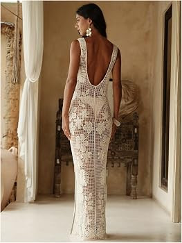 WDIRARA Women's Floral Crochet Sheer Cover Up Maxi Beach Dress Hollow Out Sleeveless Coverups | Amazon (US)