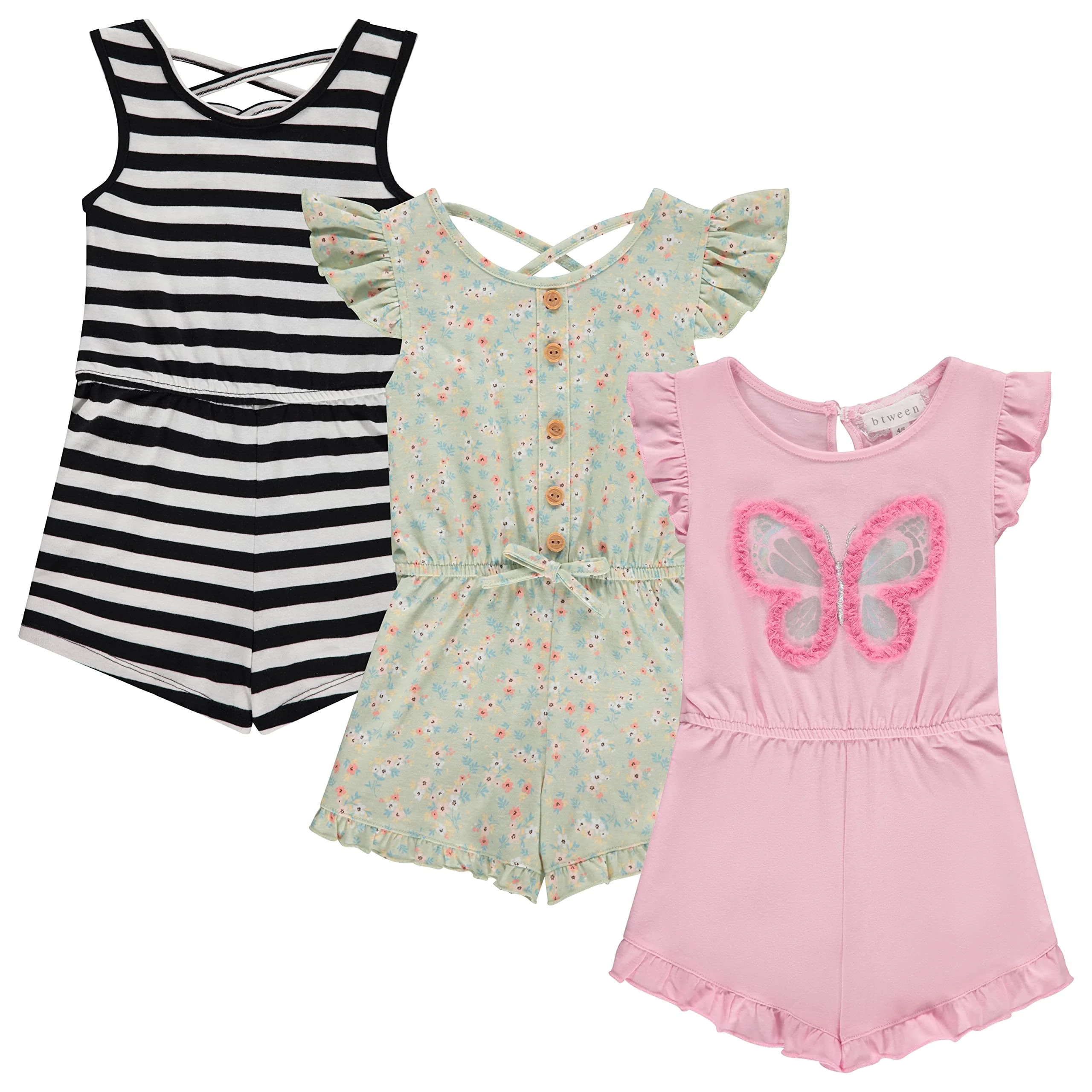 BTween Girls’ 3-Pack Romper Set – Cute & Comfy Sleeveless Summer Jumpsuits for Kids – Flora... | Walmart (US)