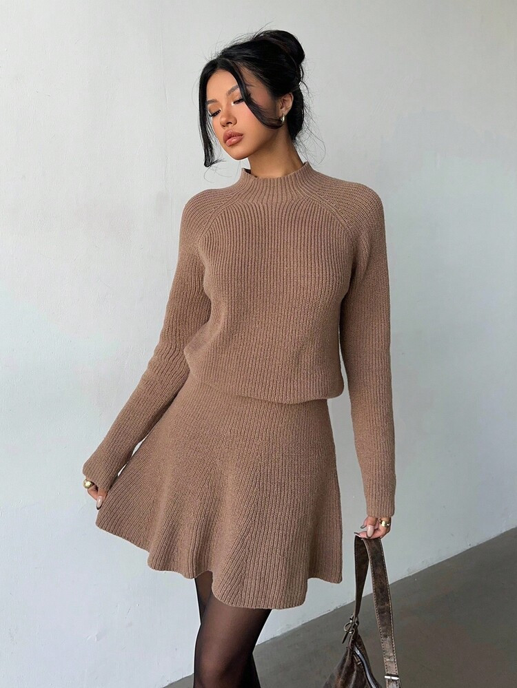Elenzga Damen Lässiges Set Aus Weiter Bluse Mit Rundhalsausschnitt Und Plissiertem Rock, 2 Stücke | SHEIN