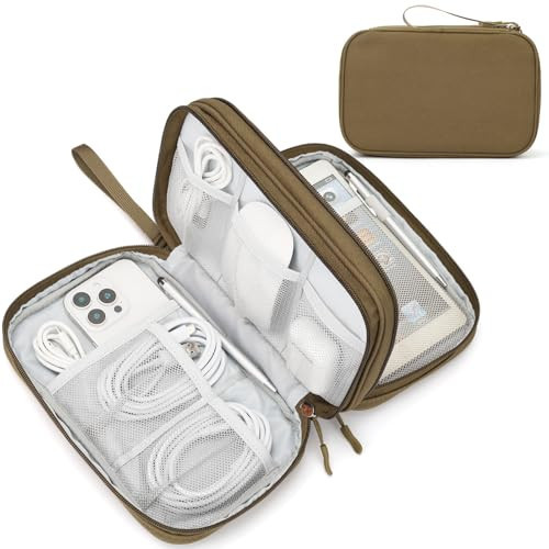 FYY Electronic Organizer, Large Travel Cable Organizer Bag Pouch Electronic Accessories Carry Case Portable Waterproof Double Layers All-in-One Storage Bag for Cable, Cord, Charger, Phone, Brown | Amazon (US)