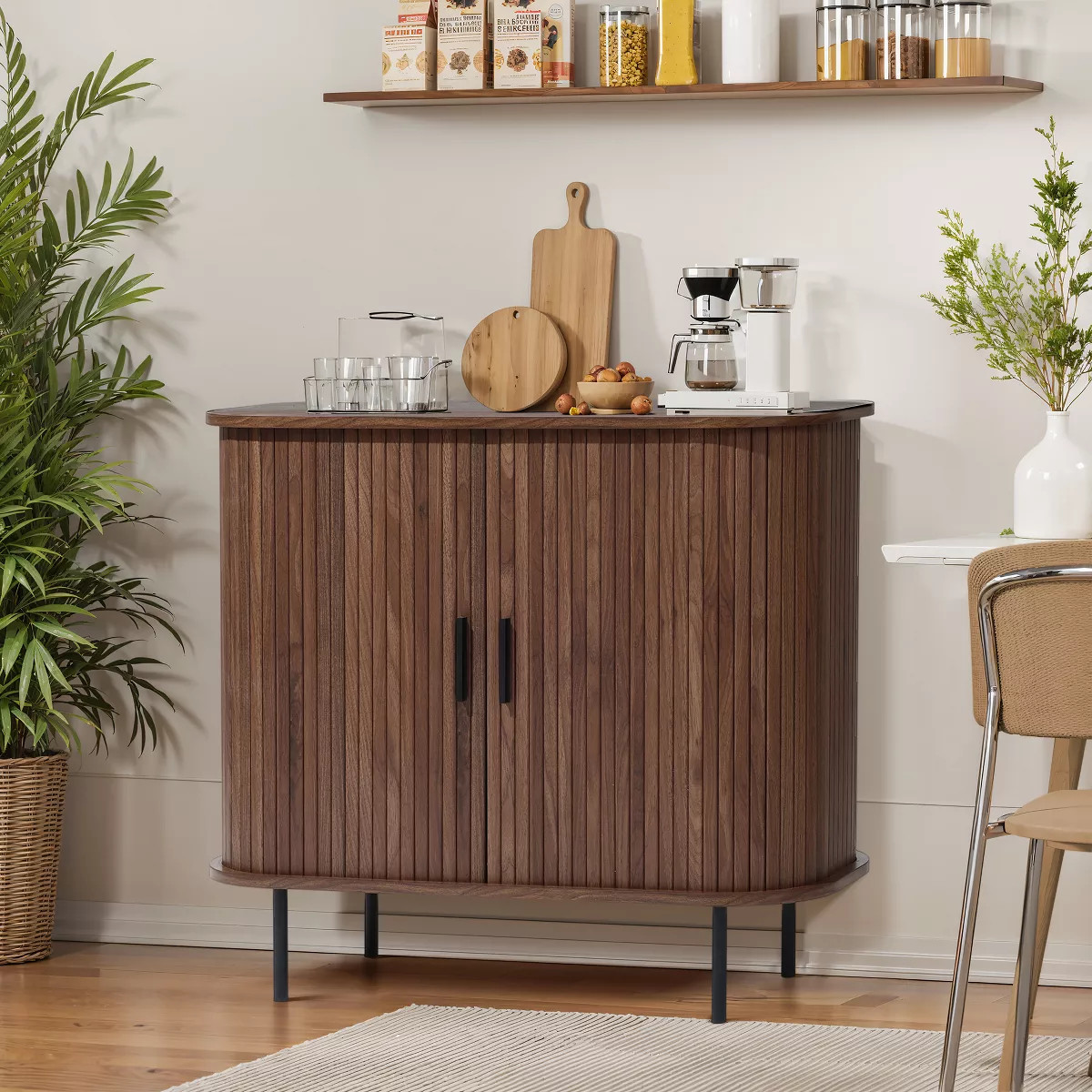 LuxenHome Mid-Century Modern 2-Door Accent Cabinet with Slatted Sliding Doors, Walnut | Target