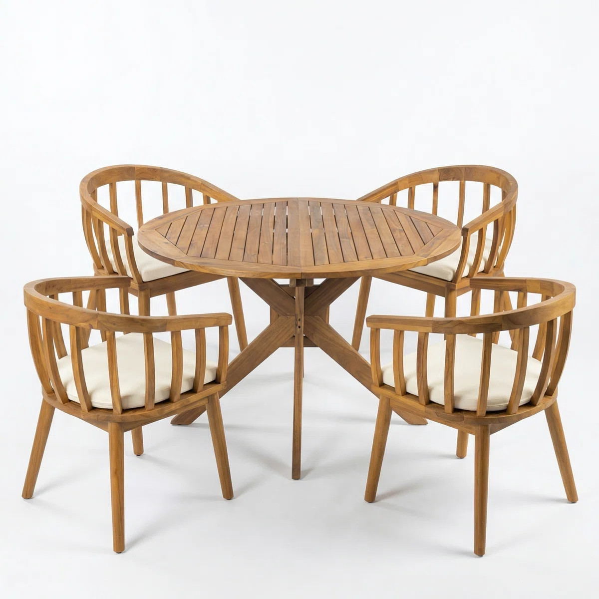 Renaud Modern Coastal Acacia Wood Outdoor Dining Set With Curved Spindle Chairs And Round Slat Ta... | Wayfair North America