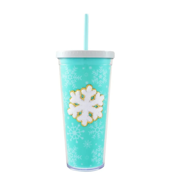 Plastic Double-Walled Christmas Tumbler with Straw and Lid, Snowflake, Blue and White, 22 fl oz, ... | Walmart (US)