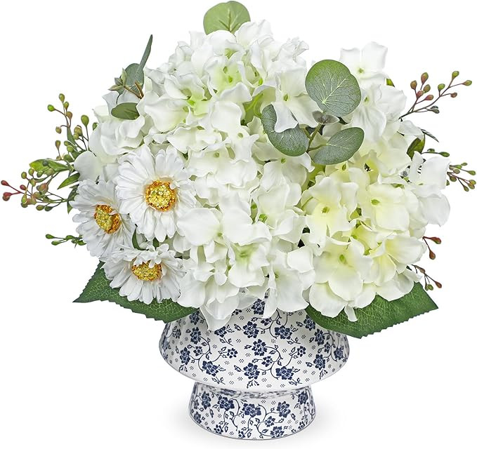 Briful Artificial White Hydrangea Arrangement in Blue & White Vase – 12.5” Faux Hydrangea Cen... | Amazon (US)