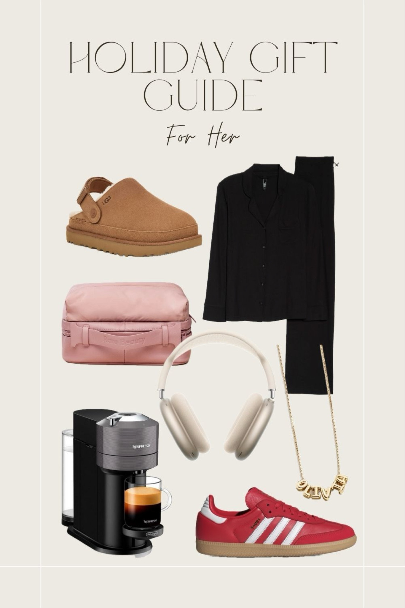 Gift guide for her 💅 These are some of my all time favorite items that I own! They would make perfect Christmas  gifts! 
Ugg Golden star Clog
Skims lounge set
Rare Beauty makeup (not linked but love)
AirPods Pro Max in Starlight
Nespresso Vertuo coffee machine
Baublebar name necklace
Adidas sambas in color red


#LTKGiftGuide #LTKHoliday