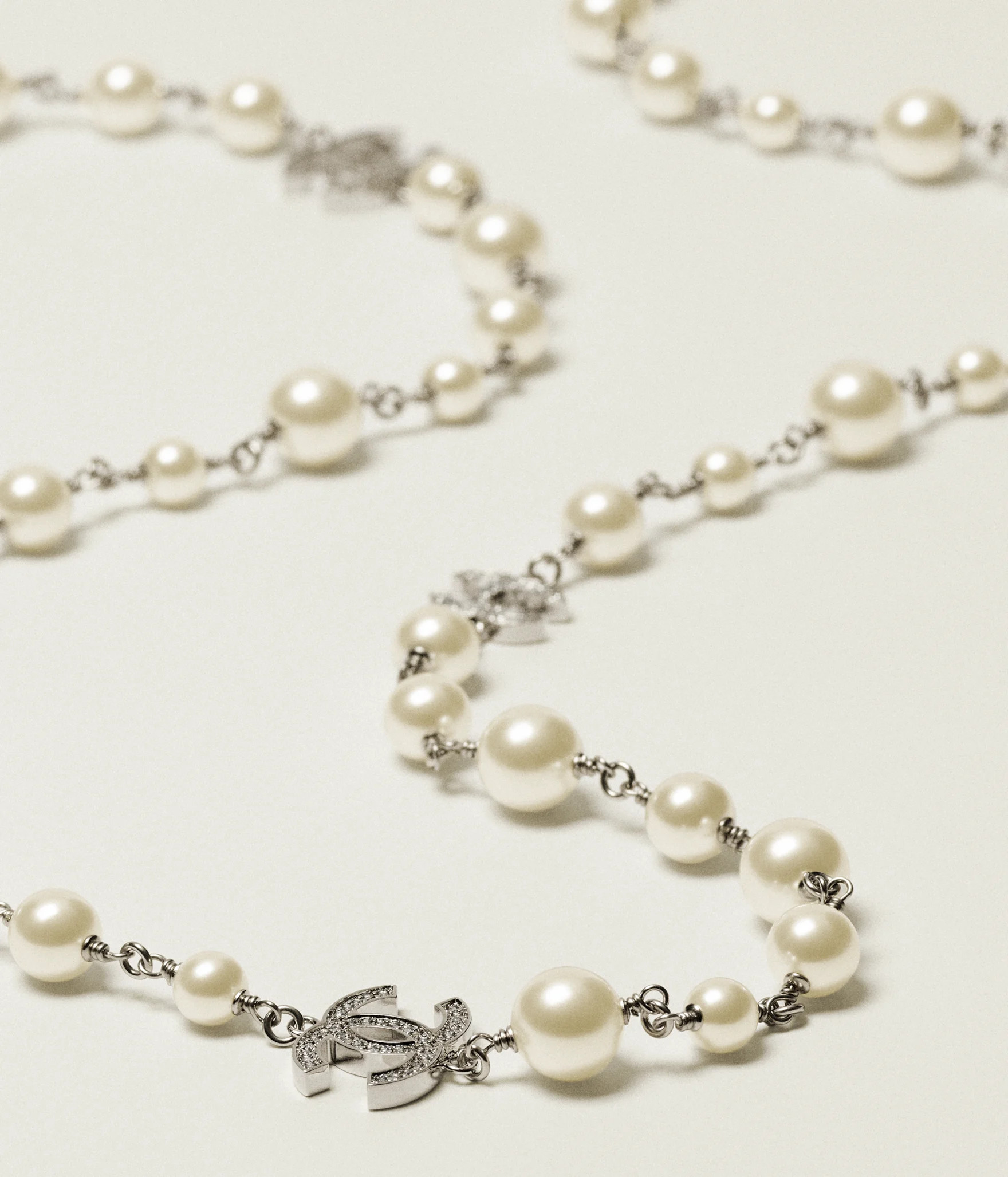 Necklace - Metal, glass & strass, silver & pearly white — Fashion | CHANEL | Chanel, Inc. (US)