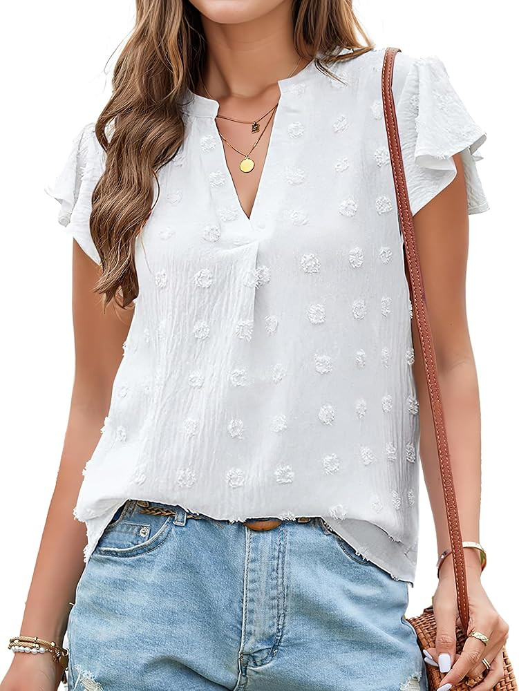 Womens Blouse V Neck Ruffle Short Sleeve Flowy Shirts Dressy Casual Cute Summer Tops Tunic Fashio... | Amazon (US)