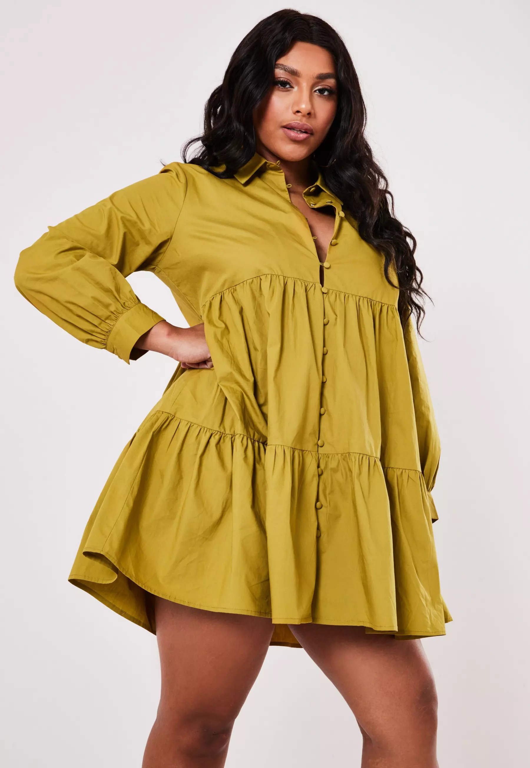 Plus Size Olive Smock Tiered Button Shirt Dress | Missguided (US & CA)