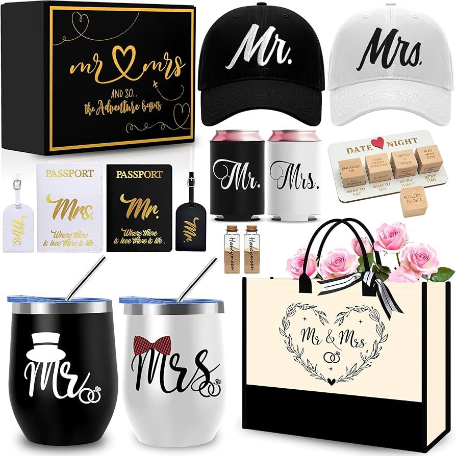 Wedding Gifts for Couple 2026, Personalized Mr & Mrs Gifts with 12 Oz Tumblers Hats Tote Bag Pass... | Amazon (US)