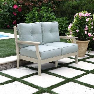 Lehigh Whitewash Recycled Plastic Outdoor Deep Seating Loveseat with Sunbrella Canvas Seasalt Cushions | The Home Depot