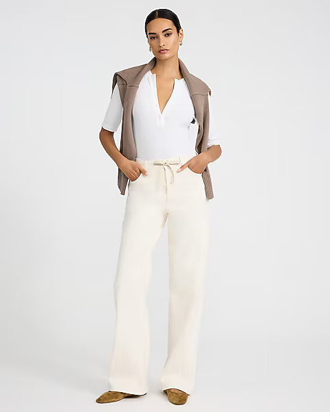 High Waisted Ivory Wash Drawstring Wide Leg Jeans | Express