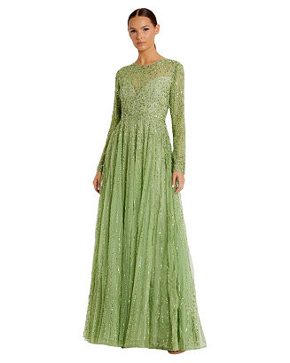 Women's Sequin Illusion High-Neck Long Sleeve A-Line Gown | Macy's