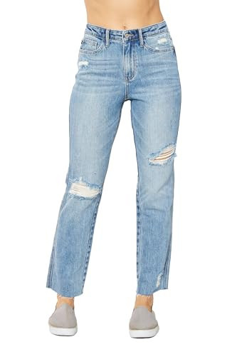 Judy Blue Women's High-Rise Rigid Magic Straight Leg Jeans with Raw Hems and Destroyed Details (Medium Blue, 20W) | Amazon (US)