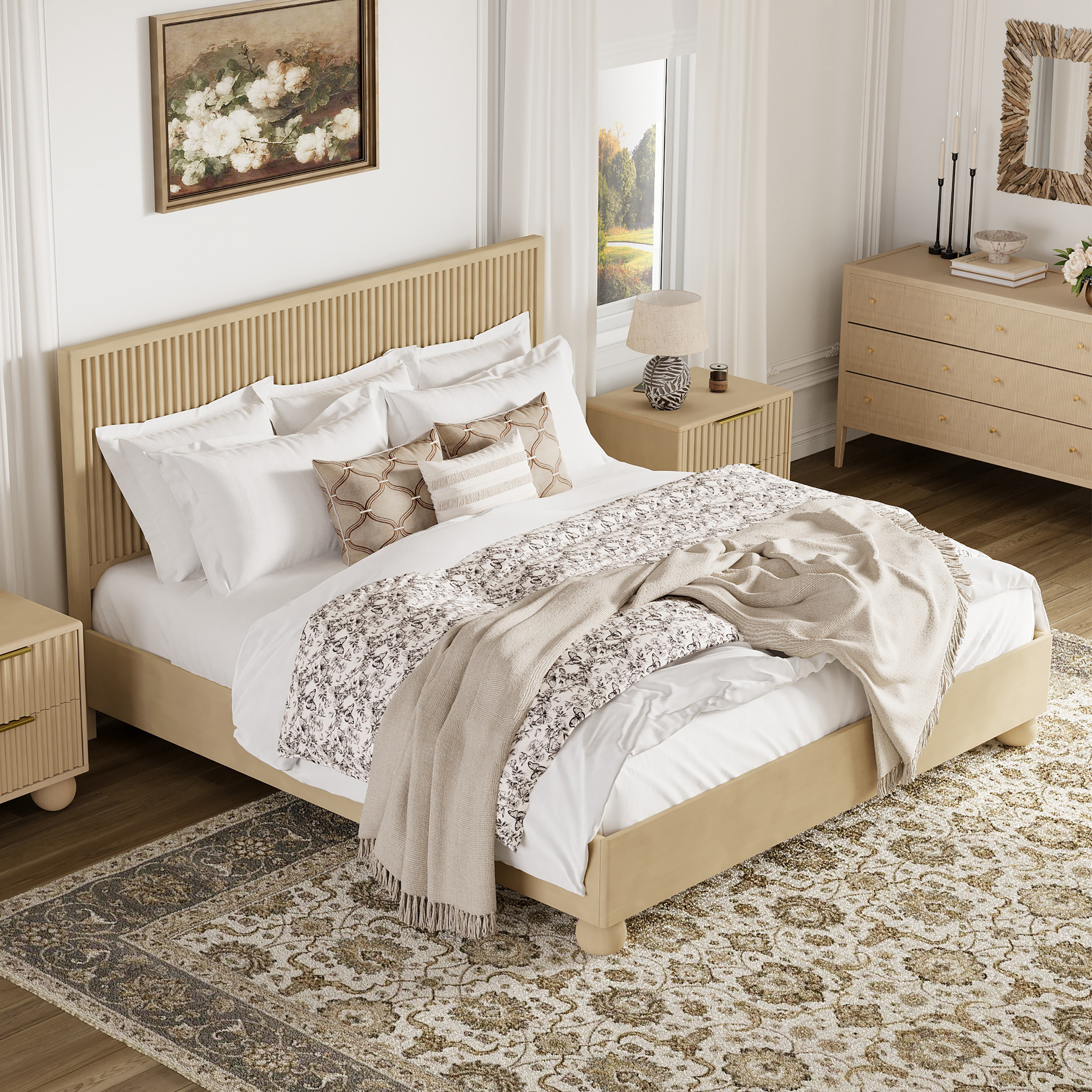 Bolla Modern Solid Wood Queen Size Fluted Bed Frame | Homary