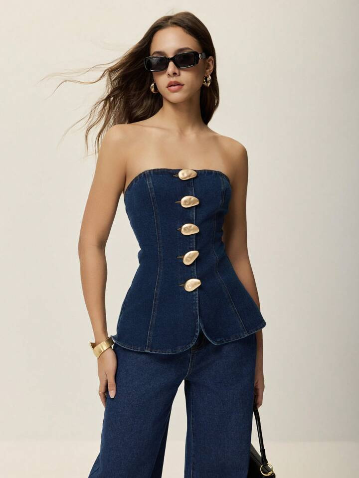 Poéselle Women's Metal Twist Outer Seam Washed Denim Tube Top, Elegant And Sexy Denim Tube Top, ... | SHEIN