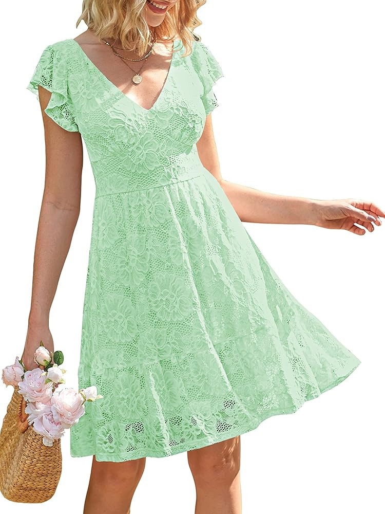 MEROKEETY Women's 2024 Summer V Neck Flutter Sleeve Dress Floral Lace Tie Back A Line Dresses | Amazon (US)