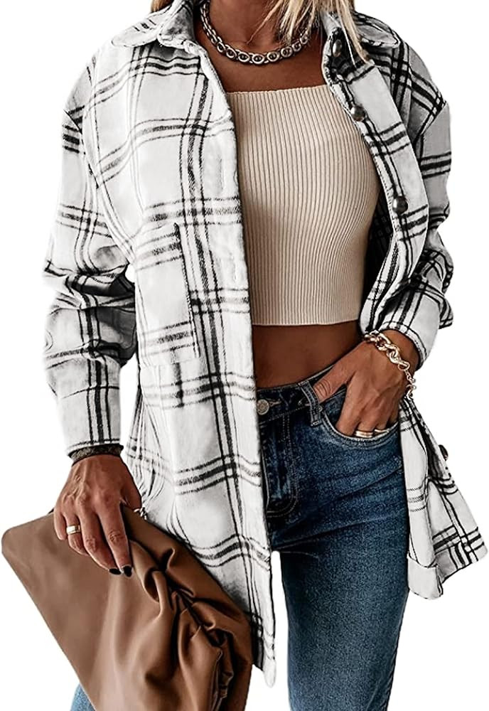 Yeokou Women's Vintage Plaid Flannel Brushed Wool Blend Button Down Shacket Shirts | Amazon (US)