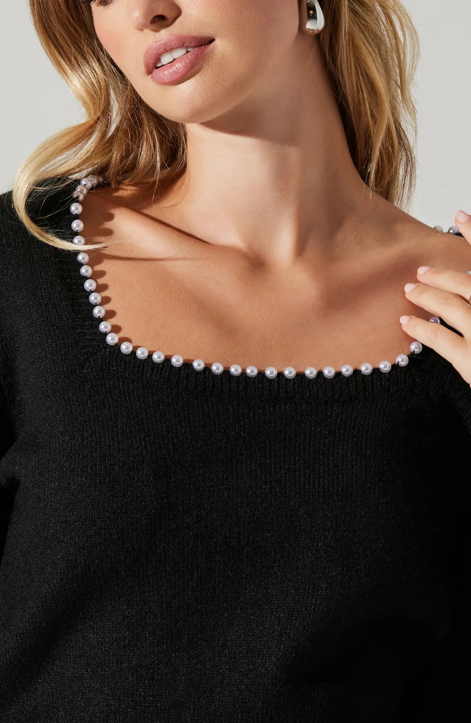 Imitation Pearl Trim Square Neck Sweater | Nordstrom