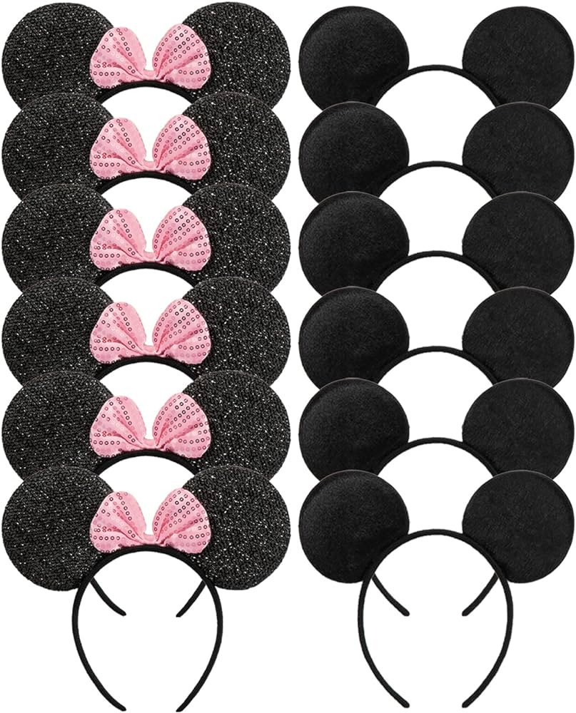 CHuangQi Mouse Ears Solid Black and Pink Sequins Bow, Set of 12 | Amazon (US)