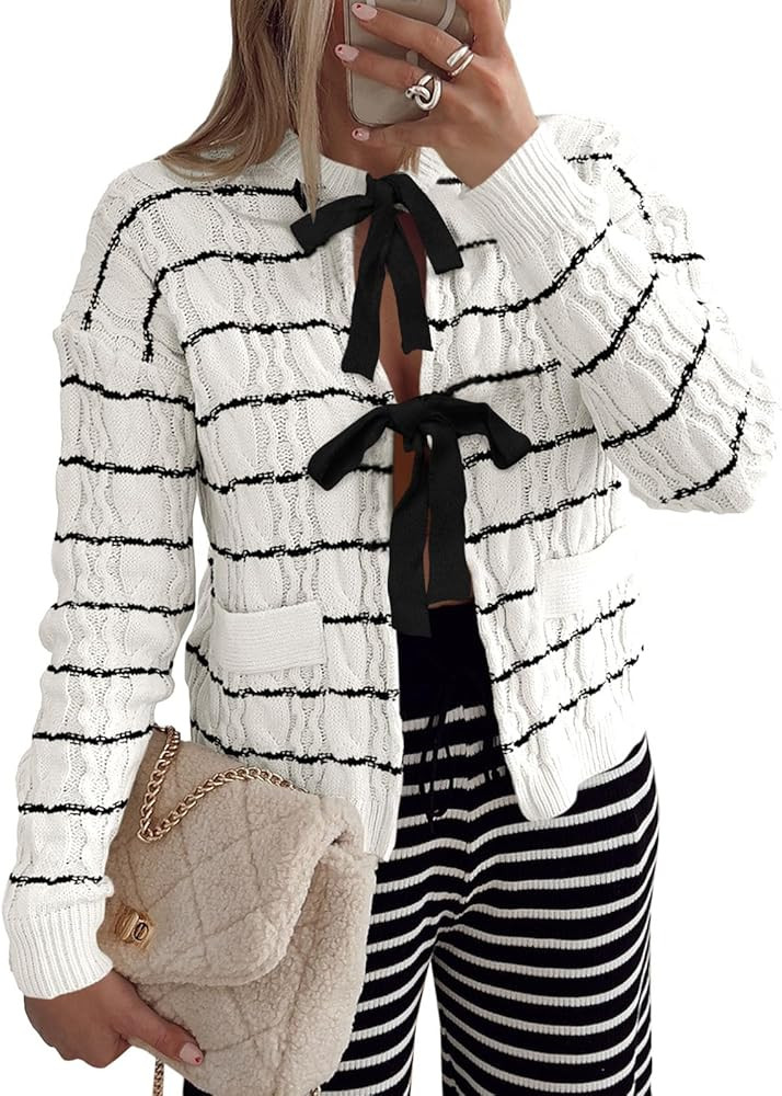 Saodimallsu Womens Striped Tie Front Cardigan Sweaters Crew Neck Long Sleeve Cable Knit Bow Knot ... | Amazon (US)