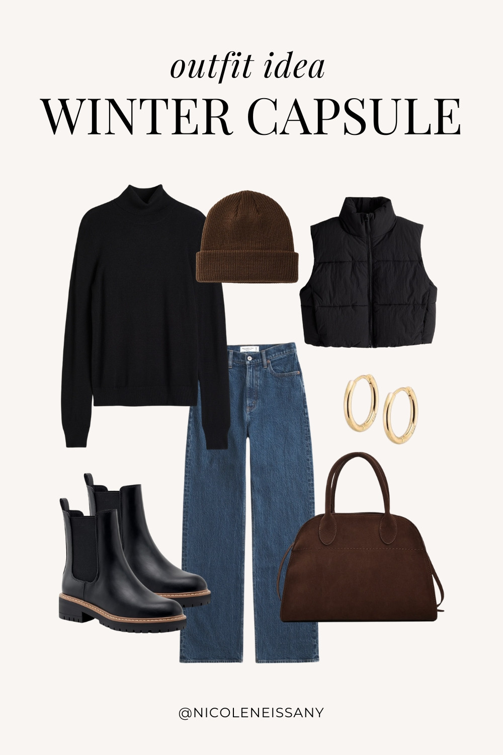 Winter Capsule Wardrobe Outfit Idea | winter capsule outfit, winter outfit, winter outfits, winter style, winter fashion, winter 2024 fashion, winter outfits 2024, winter trends 2024, winter outfit inspo, winter outfit inspiration, winter capsule wardrobe essentials, winter wardrobe essentials, winter closet essentials, winter essentials, winter basics, winter must haves, neutral capsule wardrobe, neutral outfit, neutral fashion, casual outfit, casual date night outfit, elevated casual outfit, brunch outfit, everyday outfit, Abercrombie, Abercrombie denim, Abercrombie jeans, Amazon Fashion, Revolve, Lulus, Nordstrom, H&M // winter vest, puffer vest, turtleneck sweater, mockneck sweater, chelsea boots, gold  hoop earrings, brown suede tote bag, suede bag, brown beanie, winter hat, winter beanie 

 #LTKSeasonal #LTKHome #LTKSaleAlert #LTKParties #LTKFindsUnder50 #LTKFindsUnder100 #LTKStyleTip #LTKTravel #LTKShoeCrush #LTKItBag