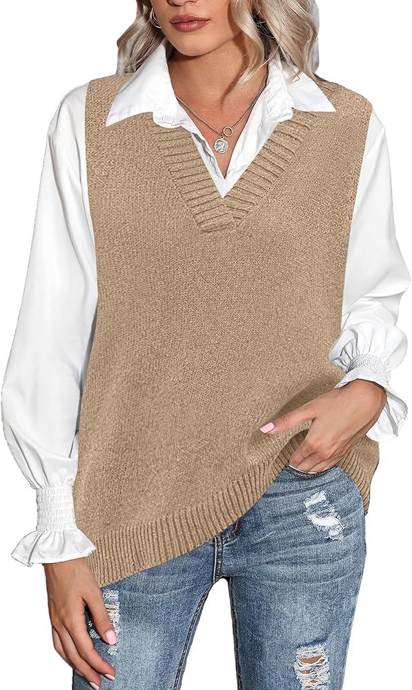 Beyove Sweater Vest Sleeveless Oversized V Neck Sweaters Knitted Vest Pullover Tank Top | Amazon (US)