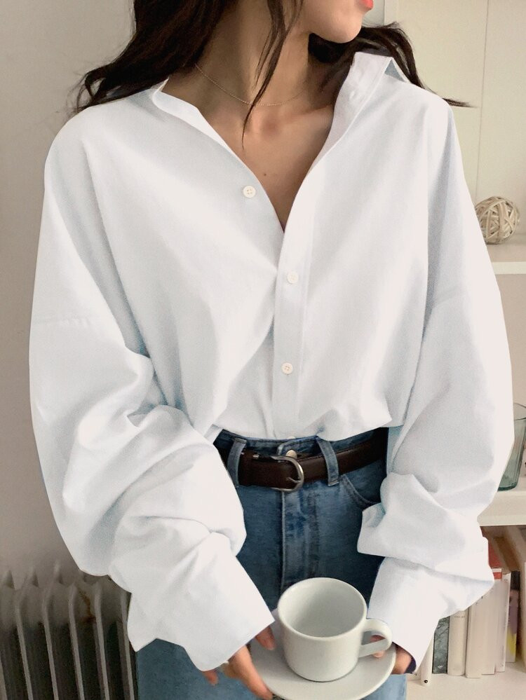 DAZY Solid Button Up Drop Shoulder Oversized Shirt | SHEIN