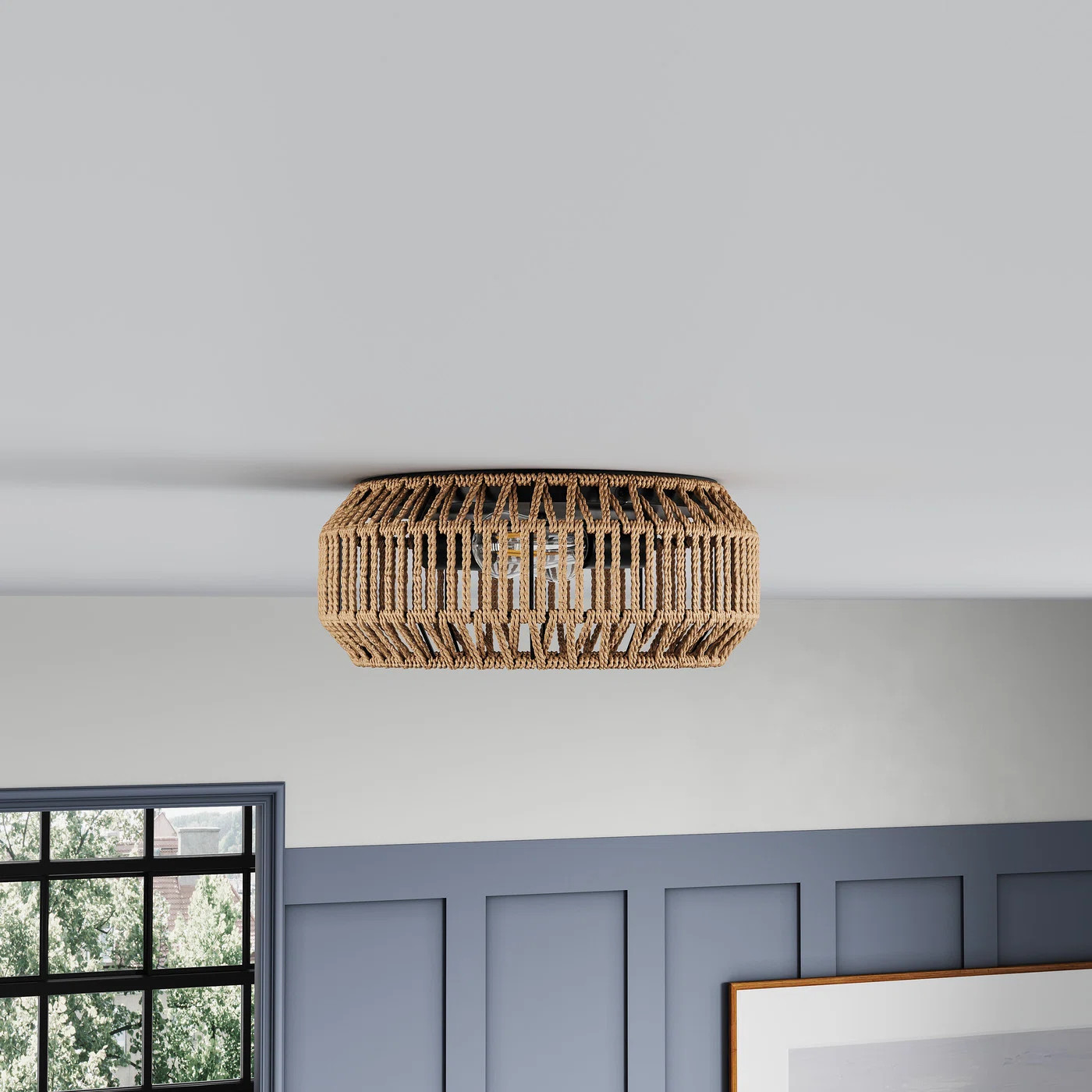 House of Hampton® Kadner 2-Light Bulbs Retro Farmhouse Rattan Boho Dimmable Flush Mount Light & ... | Wayfair North America